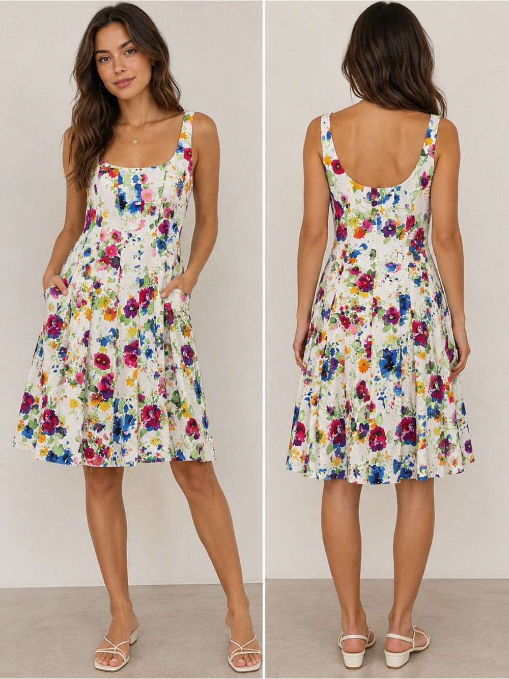 Ralph Lauren White Floral Scoop-Neck Midi Dress